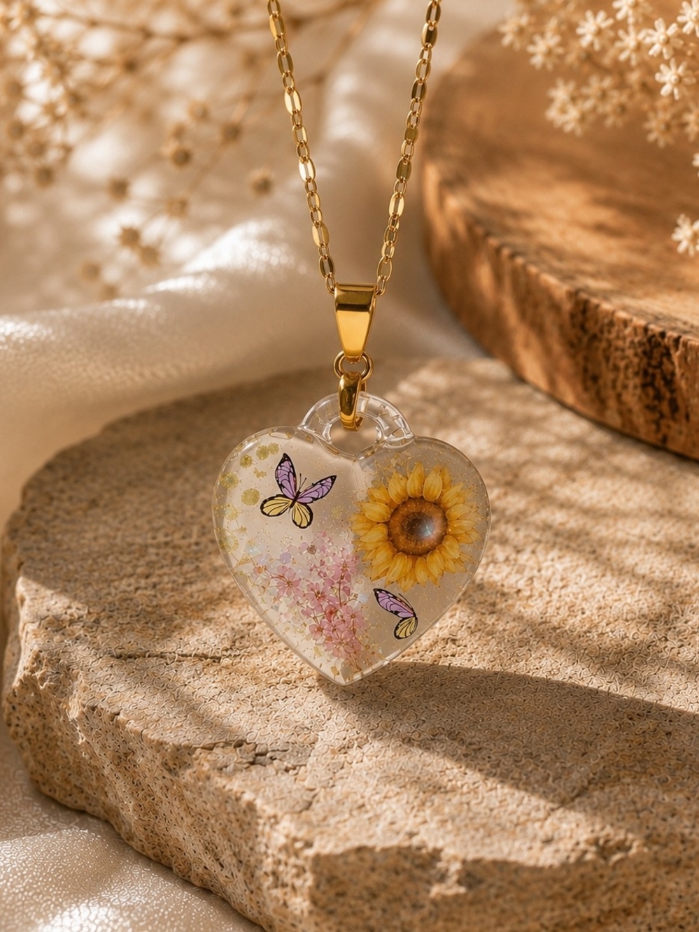 Gold Heart-Shaped Sunflower & Butterfly Pendant Necklace